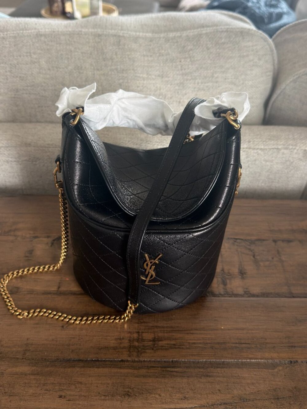 Brand-New Authentic Saint Laurent YSL Gaby Bucket Bag   Black Quilted Leather